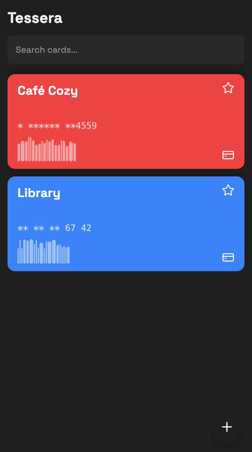 Screenshot of Tessera's homepage showing a list of saved loyalty cards with their barcodes.