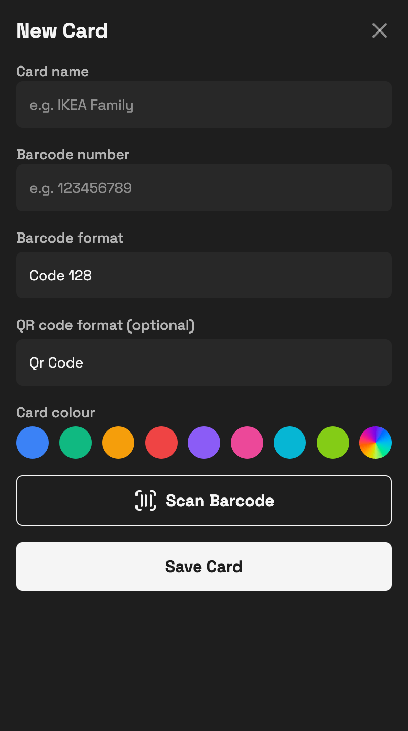 Screenshot of Tessera's form for adding a new card